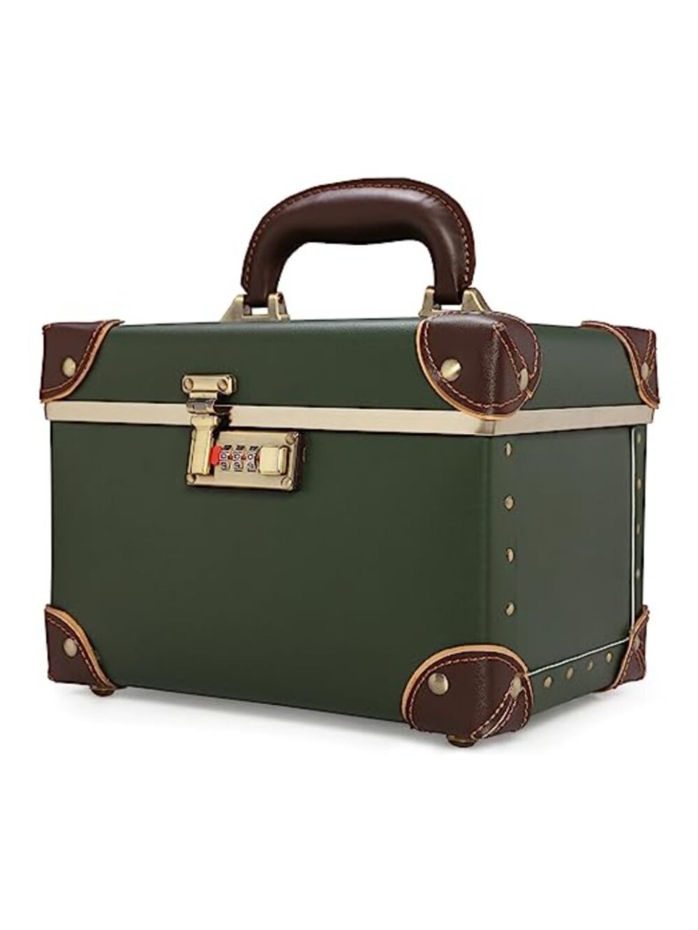 Vintage Makeup Train Case Metal Combination Lock Faux Leather Cosmetic Organizer